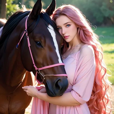 a woman, long curly hair, pink hair, blue eyes, elf, with a horse, brown horse, horse with black hair, brown horse