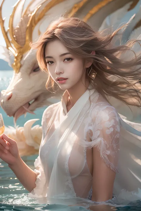 Dragons in Chinese mythology,(Portrait of an angel and a dragon god:1.3,)(Sheer and revealing white fluffy outfit:1.3, ),(Angel with glass wings floating above lake:1.3), (A glass dragon protects angels from behind:1.3),shiny light brown and orange striped...