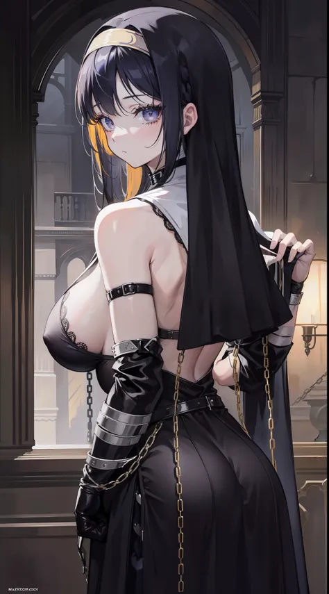 Striped hair, french braid, mismatched pupils, Chiaroscuro, back lit lighting, Gothic art, 16k, Best quality, Anatomically correct, High details，lewd nun，Leather bandages，Metal chains，huge tit