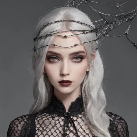 Girl with gothic net symbolic clothes, 。.com (Barbed wire of the body) blonde color hair，Gray hair ends, animation hair style,