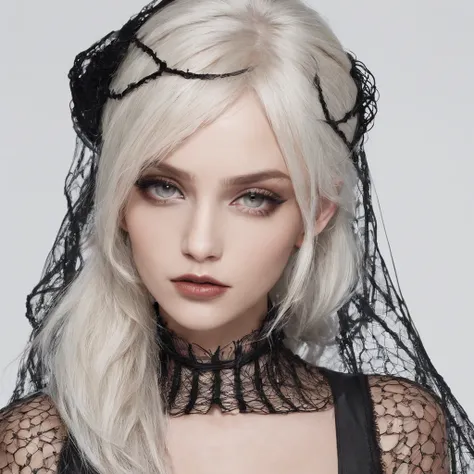 Girl with gothic net symbolic clothes, 。.com (Barbed wire of the body) blonde color hair，Gray hair ends, animation hair style,