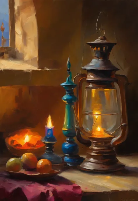 The mysterious oil lamps: Paint a scene that includes traditional oil lamps illuminating an Iraqi house.