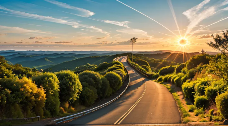 Long images, Winding rod(Winding rod(Winding rod(Winding Road)))，Bright light leading to the horizon,Bright Morning，sun beam