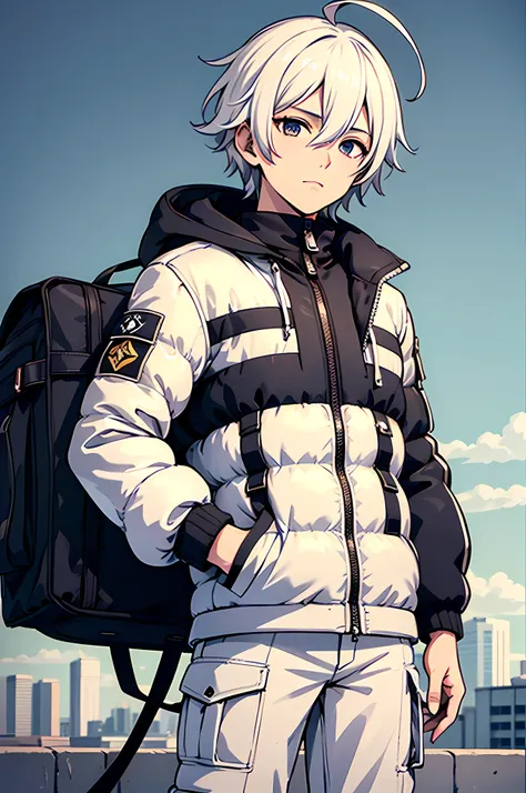 best quality,masterpiece,original,extremely detailed wallpaper,anime style,looking at viewer,1boy,solo,male,male focus,white hair,short hair,hair between eyes,ahoge,white puffer jacket, cargo pants,trapper bomber hat,standing,