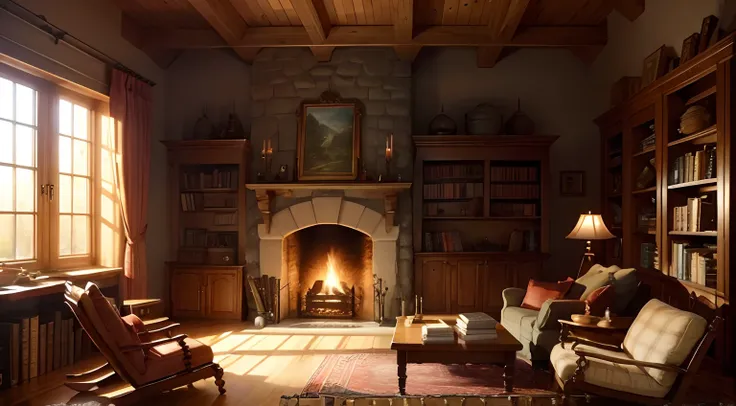 a cozy castle room at night, with fireplace with cozy bookshelf full of books, with a cozy coffee can and a coffee cup, with a pile of firewood