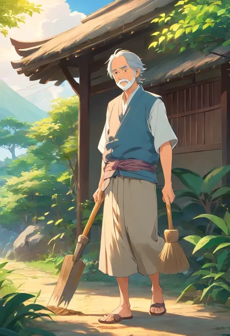 Oriental ancient vest。Old man with hoe, is working, farmer, The old man is farming with a hoe,old man,A longan tree。（Background with：There is a thatched hut behind you）