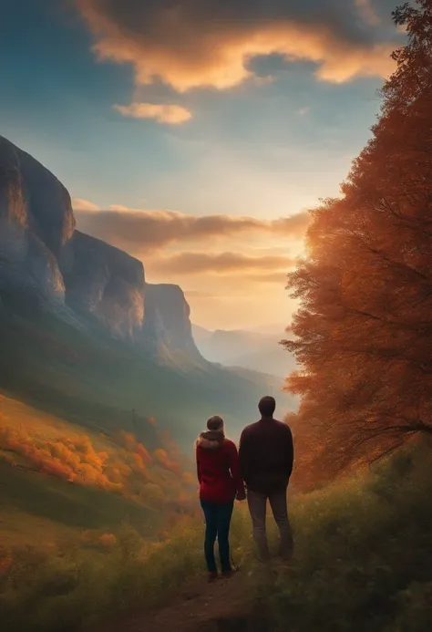 16:9 realistic image of some people looking at a stunning landscape in front, slightly upwards, in a prayer posture with their hands on their chest.