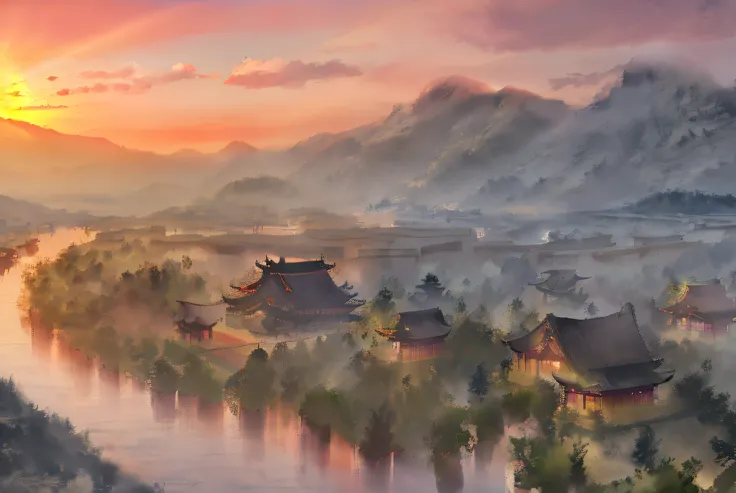 best quality, masterpiece, highres, shuimobysim, wuchangshuo, bonian, zhenbanqiao, badashanren, mountainous horizon, river, forest, village, sunset,
,