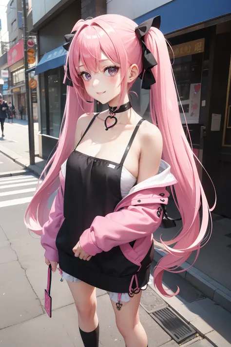 full body Esbian, masutepiece: 1.2, Highest Quality), (Live-action, elaborate details), (1 Lady, Solo, Upper body,) Clothing: Edgy, Black long jumper, pink miniskirt, long hair with pink twin tails,,,,,,,,,,,,,、Avant-garde, Experimental appearance: Long pi...