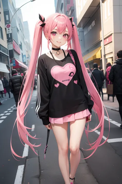 full body Esbian, masutepiece: 1.2, Highest Quality), (Live-action, elaborate details), (1 Lady, Solo, Upper body,) Clothing: Edgy, Black long jumper, pink miniskirt, long hair with pink twin tails,,,,,,,,,,,,,、Avant-garde, Experimental appearance: Long pi...