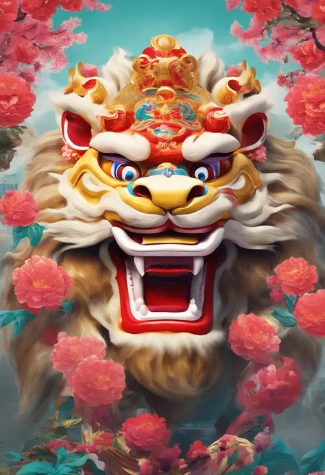 Eastern Lion Awakening,（lion dance）,（The state of the lion dance）,closeup cleavage,Hong Kong.depth of fields,The background is blurred out,Flower foreground