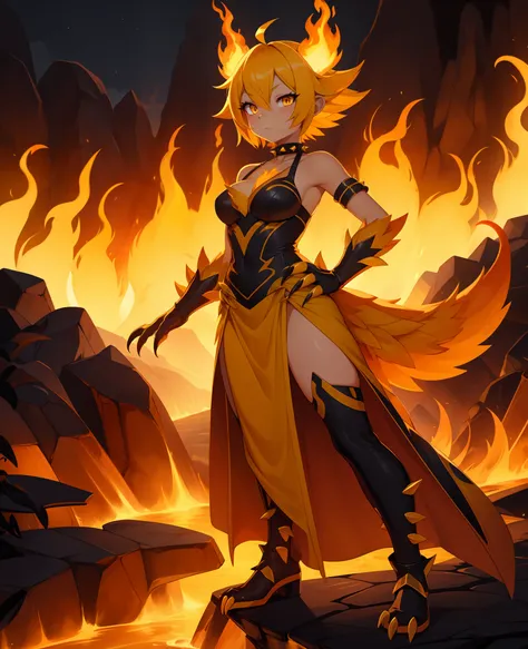 duck, (monster girl), short yellow hair made of flames, fiery, yellow skin, orange spikes, long yellow tail tipped with flame, o...