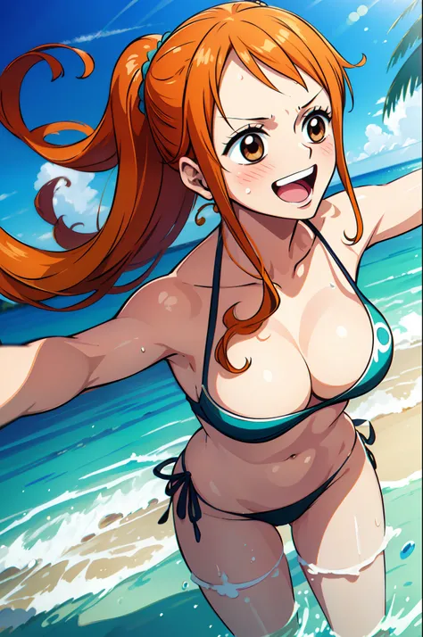 (best quality,ultra-detailed,realistic:1.37),anime art style,Nami from One Piece,brown eyes,orange long ponytail hair,blushing,wearing black bikini,standing on a sandy beach, gentle ocean waves in the background, bright sunlight shining down on her,seagull...