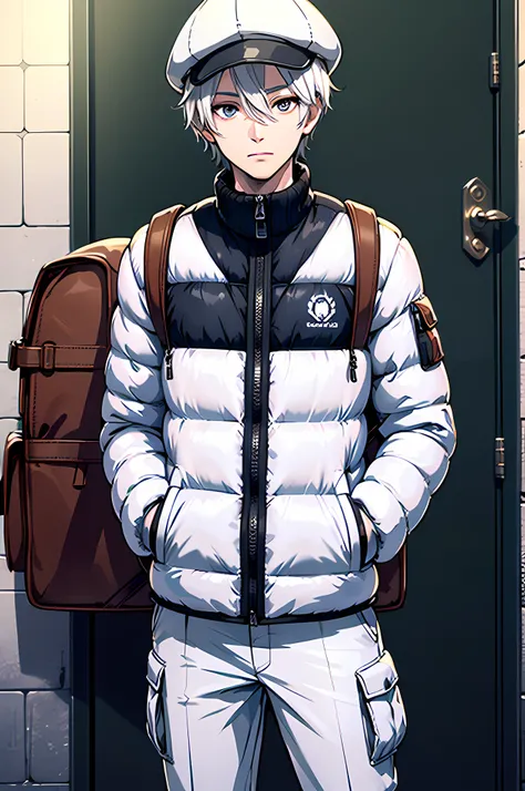 best quality,masterpiece,original,extremely detailed wallpaper,anime style,looking at viewer,1boy,solo,male,male focus,white hair,short hair,hair between eyes,(white puffer jacket), cargo pants,backpack,standing,trapper hat,