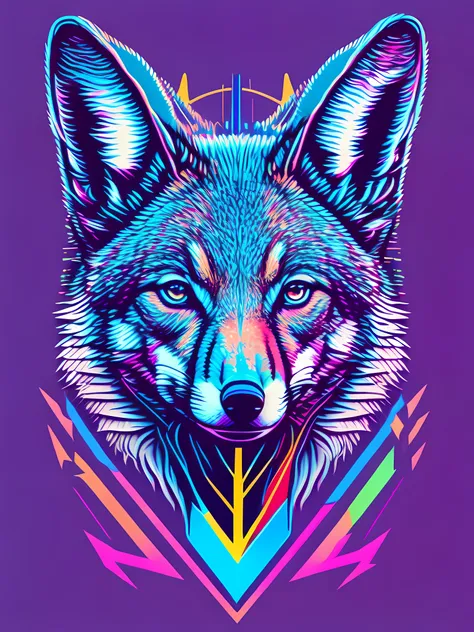 coyote，Animal heads，Cold neon color, T-shirt design, rzminjourney, vectorial art