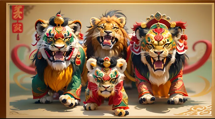 (Best quality,Ultra-detailed,Realistic:1.37), Brightly colored lions, Traditional Chinese art, Expressive lion dance, Intricate lion costumes, Dynamic lion movement, A lively and festive atmosphere, Energetic drumming, Skilled lion dancer, Well-designed li...