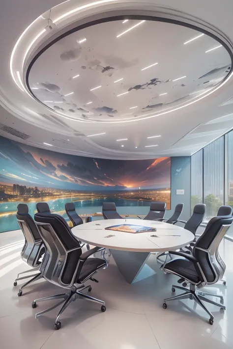 meeting room，There is a wall in the middle of the meeting room,The painting on the wall is in the middle, Paintings on the walls, skyscape, Large airy windows, Zaha Hadid and Santiago Calatrava landscape panoramic style, Fish, Clear light, Edge lighting, P...