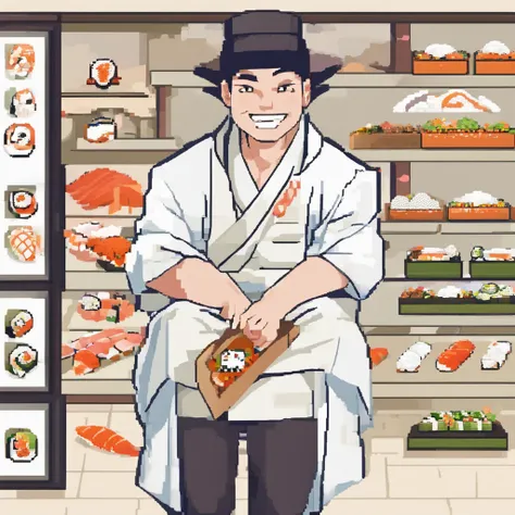 # Background with：blanche
# 人物：1 male human
# garments：Sushi chefs attire（Manteau blanc、Hachimaki、pinafore）
# expressioness：a smile
# the pose：Holding sushi

# Used with stickers for LINE

# Illustration of a sushi chef

# White background、The person is on...