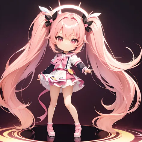 Very cute and (Beautiful Chibi Anime Girl), Solo, Simple background, Beautiful twin tails*Pink* hair,  Beautiful detailed *Pink* High School Uniform, Full body, Standing, high detailed face and *Pink* Eyes, Clearly outlined