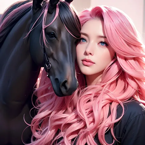 (a woman, long curly hair, pink hair, blue eyes, elf)(horse, brown horse, black horse hair)