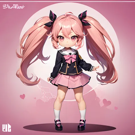 Very cute and (Beautiful Chibi Anime Girl), Solo, Simple background, Beautiful twin tails*Pink* hair,  Beautiful detailed *Pink* High School Uniform, Full body, Standing, high detailed face and *Pink* Eyes, Clearly outlined