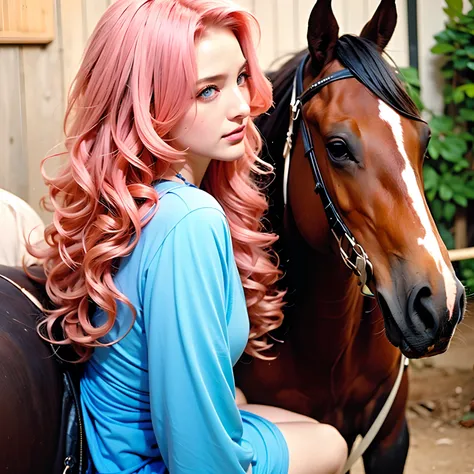 (a woman, long curly hair, pink hair, blue eyes, eleven) (1 woman with a horse, horse, light brown, horse with black hair)