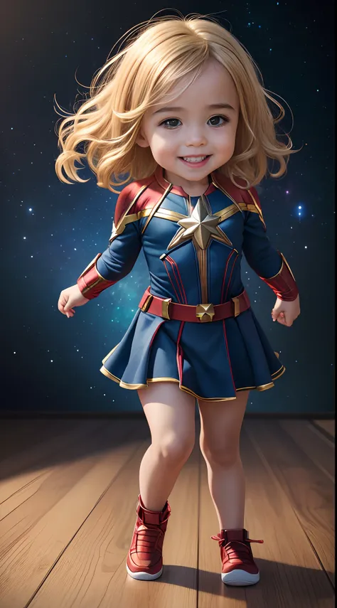 Baby yodah (grogu:1.1), Dress up as captain Marvel ,smile, cute,fantasy scene, skin realistic,ultra realistic,full body,stand in the middle of the frame, (hyperrealism:1.1),(detailed:1.2)