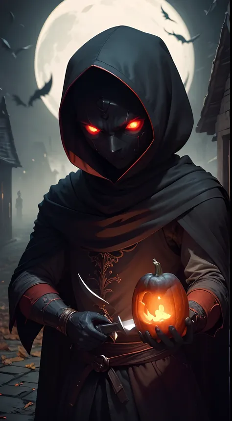 masterpiece, 1600s, (Night Shade), young humanoid, demon, character, horror, pumpkin head, dark, black hood, holding a long blade knife with one hand, night time, cold, glowing red eyes, outside, village, evil, from hell, mist, fog, falling leafs, fall wea...