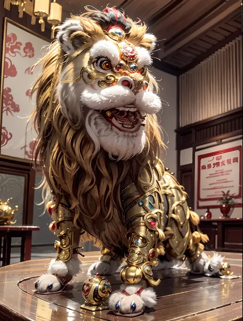 (best quality,4k,8k,highres,masterpiece:1.2),ultra-detailed,brass lion head sculpture on the table,exquisitely crafted,red gemst...