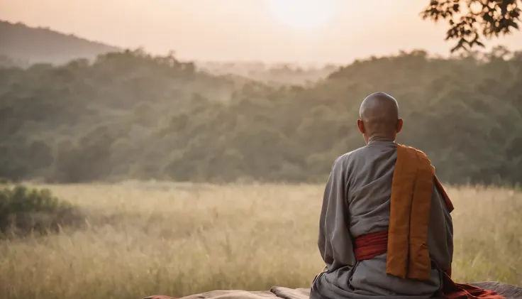 The back of a Buddhist monk, Meditate in the distance，Wearing a gray monks robe，The sun that rises early