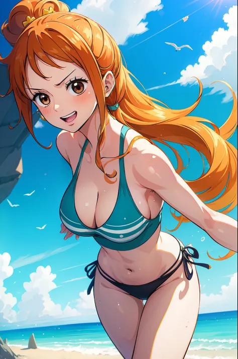 (best quality,ultra-detailed,realistic:1.37),anime art style,Nami from One Piece,brown eyes,orange long ponytail hair,blushing,wearing black bikini,standing on a sandy beach, gentle ocean waves in the background, bright sunlight shining down on her,seagull...