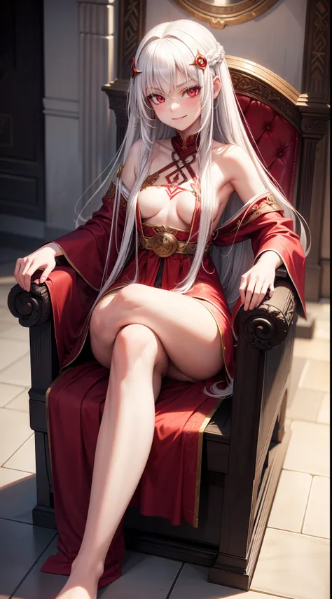 young girl, Long white hair, red eyes, Red Futhark Tattoo, smirk, princess dress, small breasts, open breasts, Wide neckline, sitting on the throne, legs crossed, Masterpiece, hiquality, higly detailed, HD, 4k