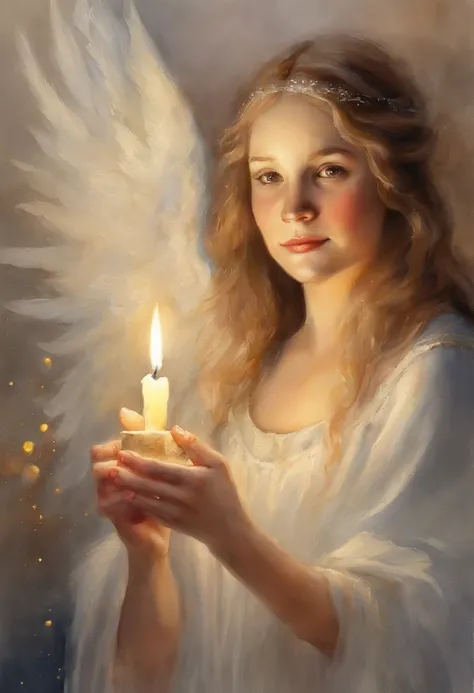 masterpiece, best quality, movie still, 4 female, young, angelic, holding advent candles, angel, tiny, morphing from candle floating in the sky, close-up, bright, happy, warm soft lighting, candle light, church, Christmas Eve, (sparks:0.7)