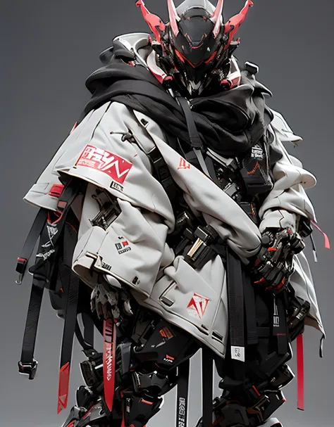 Portrait photography, centered image, full body of a Dark fantasy samurai batman with high-resolution red, grey and black, tactical suit, techwear, mech details, techwear helmet, mechanical cyberpunk robotic parts in head transparent plastic cover head