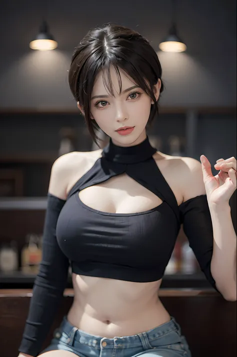 (巨作:1.3), (8K, Photorealistic, OriginalPhoto, Best quality: 1.4), (1girl huge large breasts), ( Bar background, sitting at bar)，（Long black crop top sleeves，Black hot pants：1.2），Beautiful face, (Realistic face), (Black hair, Short hair:1.3), Nice hairstyle...