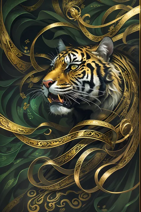 Black tiger in gold livery, Fantasy art, ultradetail, hyper realisitc, Marbling, Shimmering threads, A whirlwind of curly ribbons, High-precision detail