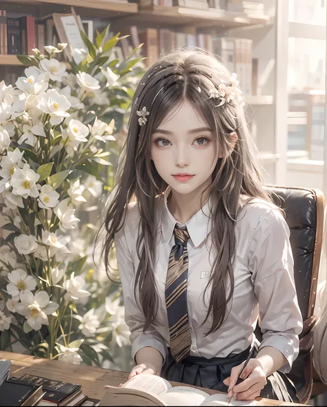 masutepiece、hight resolution、Library Reception、Library staff、scrivener、30-year-old girl、１Girl clerk、Looking at the camera、smil、Finish as shown in the photo、Flowers and girls、the skin is white and beautiful、Hair is long and beautiful、inner colored、Hair shou...