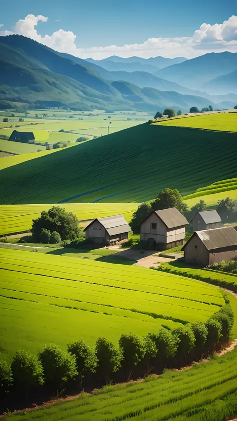 Village with farmer working in the field