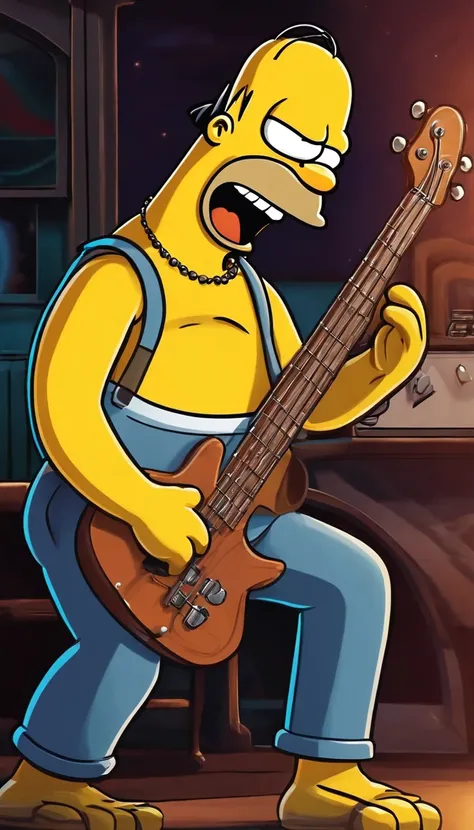 cafe shop，The Simpsons，Homer Simpson plays bass，Play standard bass，The bass is precise and delicate，homer simpson，Wear performance costumes，《The Simpsons》Animation style，dramatic lights，Dramatic action，Wonderful poster composition，Dramatic composition，Dram...