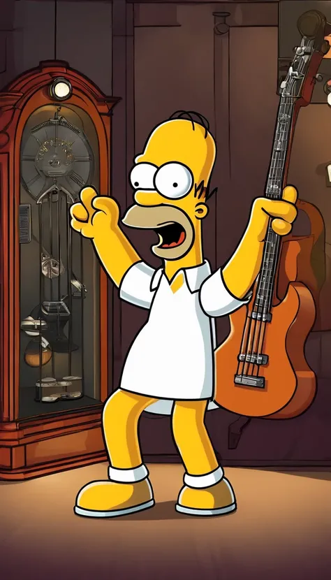 cafe shop，The Simpsons，Homer Simpson plays bass，Play standard bass，The bass is precise and delicate，homer simpson，Wear performance costumes，《The Simpsons》Animation style，dramatic lights，Dramatic action，Wonderful poster composition，Dramatic composition，Dram...