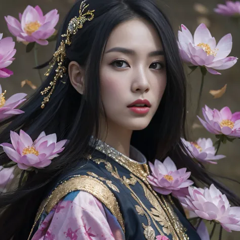 Gold backstop 32K（tmasterpiece，k hd，hyper HD，32K）Long flowing black hair，ponds，zydink， a color， Aozhou people （Concubine girl）， （Purple silk scarf）， Combat posture， looking at the ground， long whitr hair， Floating hair， Carp pattern headdress， Chinese long...