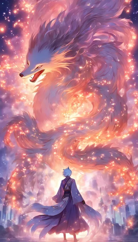 There is a young and handsome thin man, A long-haired male nine-tailed silver fox in Japanese mythology, in clothes, His nine tails spread out behind his back like a fan, He smiled, He smiled thoughtfully, (Masterpiece), whole-length, Facing the viewer, su...