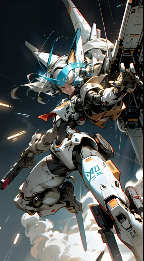 1girl, mecha face, mechaningal arm, translucent, visible parts, A huge robot with gun, and rocket, fighter robot, metallic body, ultracore robot hi fi robot, supresonic speed, dynamic stlye, robot in action mode,