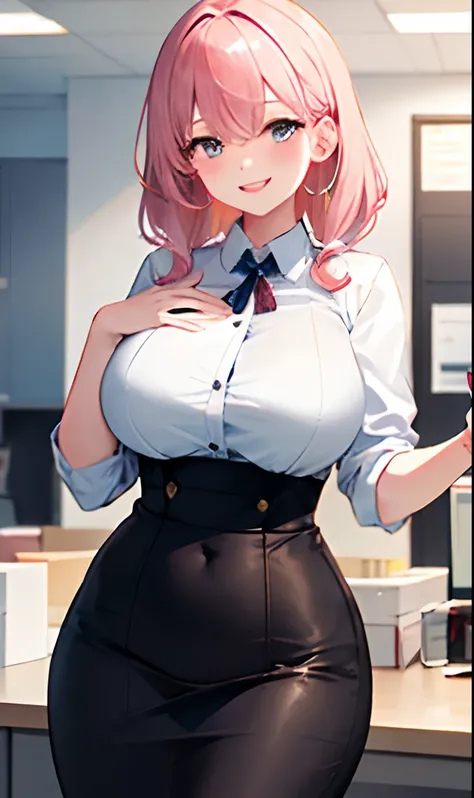 ((masterpiece, best)),(1girl),((mature woman)), light pink hair, dizzy, trumpet, ((office lady)), bangs, mid-chest, (full), slim, smiling, [wide hips] ,office,standing, aru (blue archive),