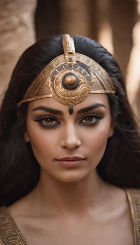 Create an image of an ancient Egyptian woman applying coal around her eyes with intricate hieroglyphic patterns.