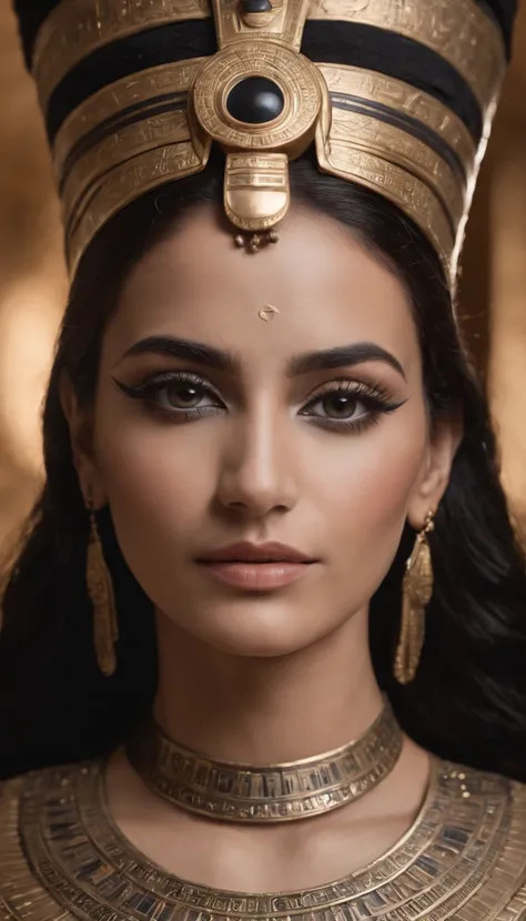 Generate a mesmerizing scene of an Egyptian lady using coal for eye makeup, with hieroglyphic symbols adorning her eyelids