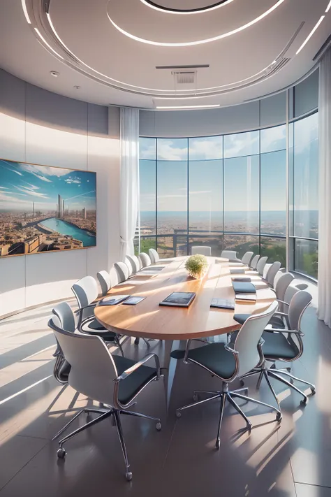 meeting room，There is a wall in the middle of the meeting room,The painting on the wall is in the middle, Paintings on the walls, skyscape, Large airy windows, Zaha Hadid and Santiago Calatrava landscape panoramic style, Fish, Clear light, Edge lighting, P...