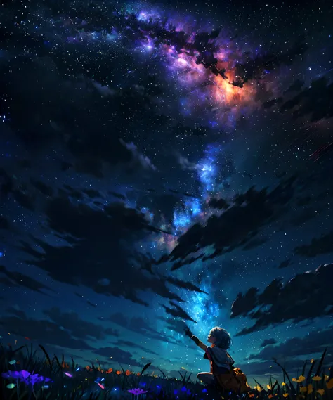 Describe a scene where a cute girl character is lying on a grassy hill, Looking up at the starry sky. Surround her with colorful nebulae and her favorite constellations.