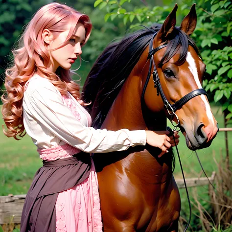 (a woman, long curly hair, pink hair, blue eyes, Eleven) (1 woman with a horse, horse, light brown, horse with black hair)