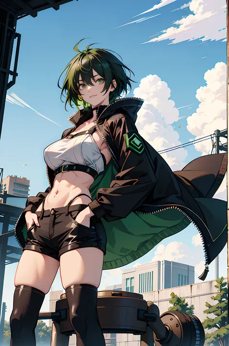 Pure sky，mechanical leg，Black mechanical legs，Plump legs，Green gem setting，Anime girl standing gracefully on the ground，Black cape and green hair, rogue anime girl, Anime girl standing, Wearing a cloak on the blasted plain, asuka suit under clothes!, Cybor...